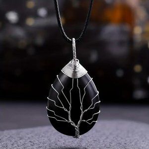 Obsidian Natural Gemstone Tree Of Life Wire Wrap Pendant Necklace